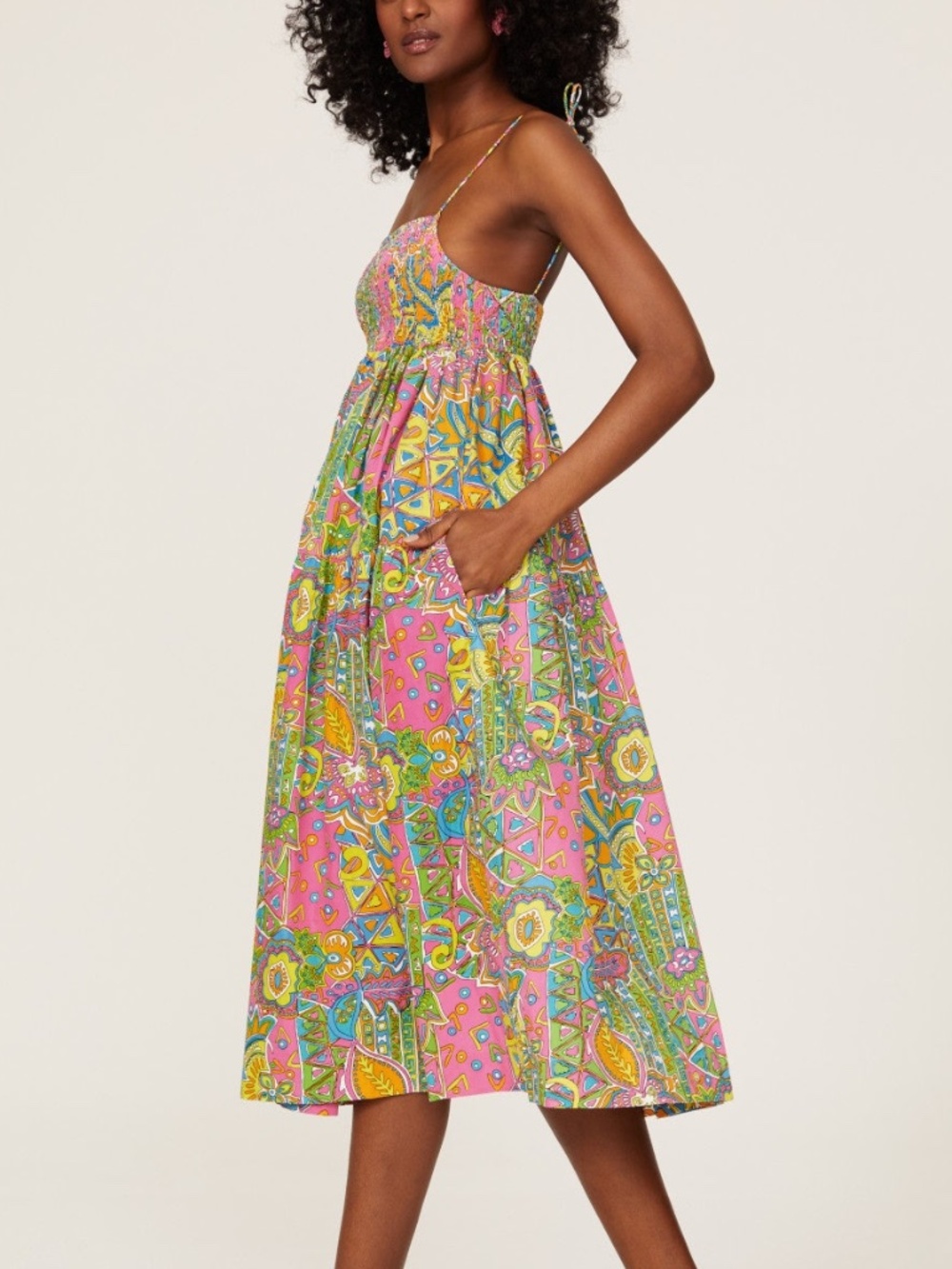 S/W/F SWF Paisley Smocked Sundress Midi Dress Pink Multi - Size Small